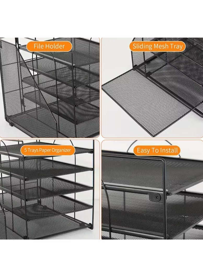ZERIFAM Organizer with File Holder,Desk Organizers and Accessories,Organizer for Office Supplies and Accessories 5-Tier Paper Letter Tray,esktop Organizer for Office Supplies (Black) - Image 3